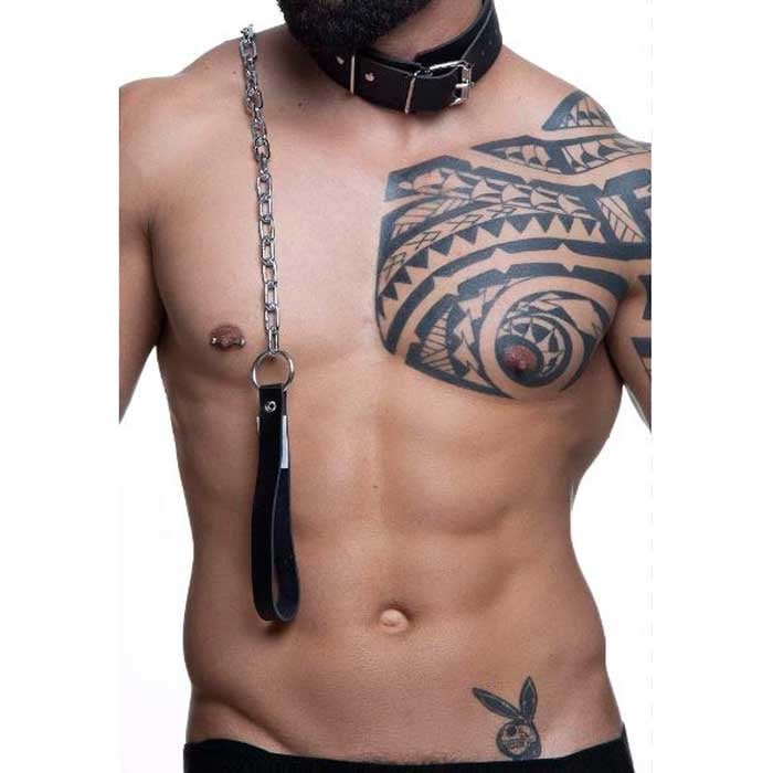 Coleira com Guia em Couro Sintético e Detalhes em Metal - Steves Designer - 1