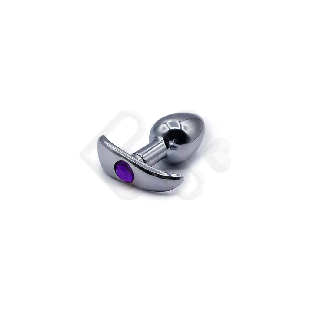 Anal Plug Stainless - Plug Anal Cônico em Aço com Alça de Segurança e Detalhe de Joia Cravada - 5,9 x 2,6 cm | Cor: Roxo - 2