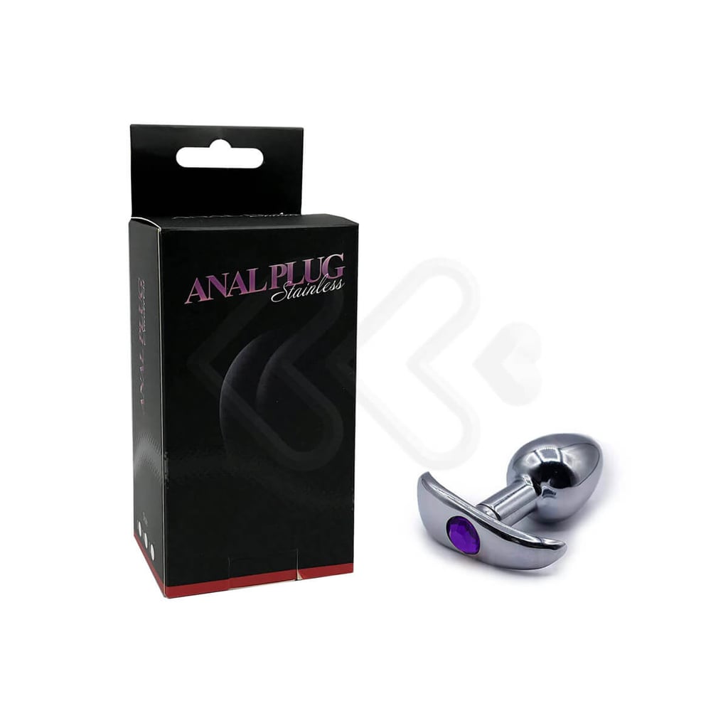 Anal Plug Stainless - Plug Anal Cônico em Aço com Alça de Segurança e Detalhe de Joia Cravada - 5,9 x 2,6 cm | Cor: Roxo - 1