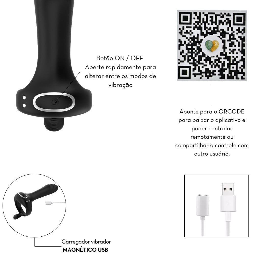 Anel Peniano com Massageador de Próstata Recarregável, 9 Modos de Vibração e Interação por Aplicativo - 4,8 x 3,5 cm - 4