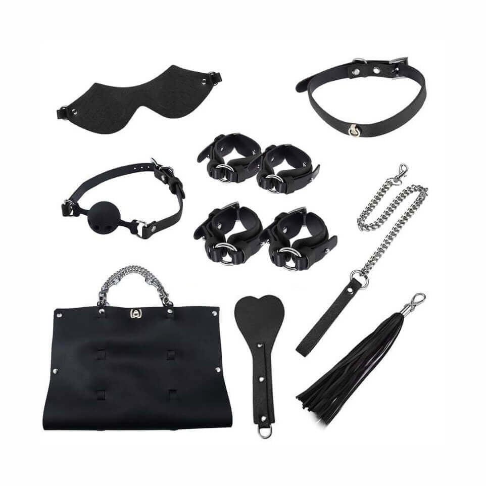Bondage Kits - Kit Bondage com 10 Itens em Couro e Metal Leve | Cor: Preto - 1