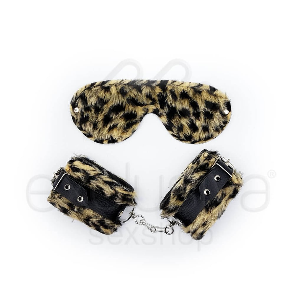 Brasil Fetiche - Kit Sadomasoquismo com Algema e Venda em Pelúcia | Cor: Onça - 1