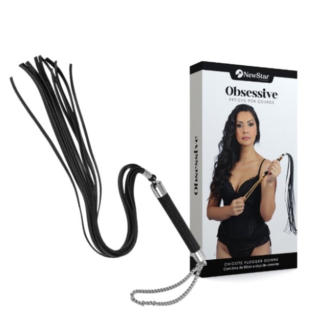 Chicote Flogger com Tiras Longas de Couro Montana, Corrente e Cabo de Madeira - New Star Couros Domme - 1