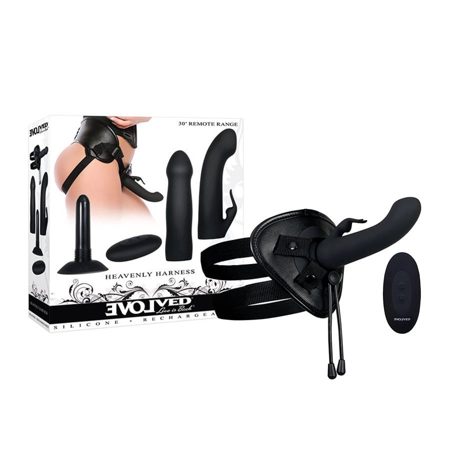 Kit com Cinta Peniana em Couro Sintético, Dois Penetradores, 10 Modos de Vibração, Ventosa e Controle Remoto Sem Fio - Evolved Heavenly Harness - 1