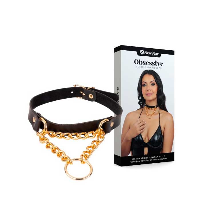 Gargantilha Argola Gold em Couro Montana com Corrente Dourado - New Star Couros | Tamanho Único - 1