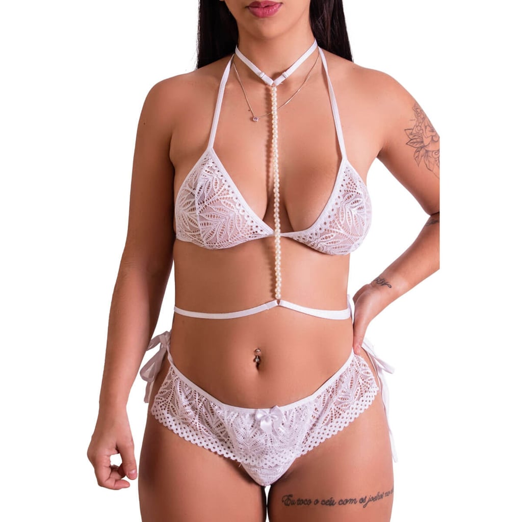 Lingerie Fascino - Conjunto em Renda com Saia e Coleira Estilo Harness com Pérola | Tamanho Único | Disponível em 4 Cores - 3