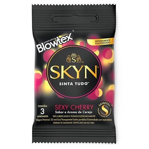 Preservativo Totalmente Flavorizado Com Sabor e Aroma de Cereja - Blowtex Skyn Sexy Cherry - 3 Unidades - 1