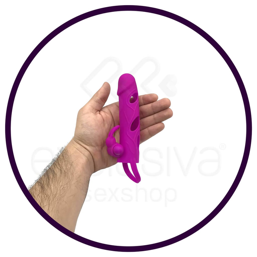 Pretty Love 5.5 - Capa Peniana Vazada com Anel para Escroto e Estimulador de Clítoris em Forma de Coelho - 14 x 3 cm - 9