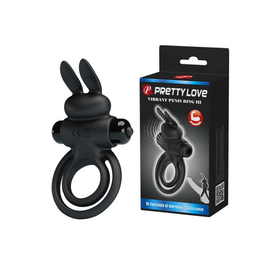 Anel Peniano e Escrotal com Estimulador de Clítoris em Forma de Coelho e 10 Modos de Vibração - Pretty Love Penis Ring III - 11,5 x 6,5 cm | Cor: Preto - 1