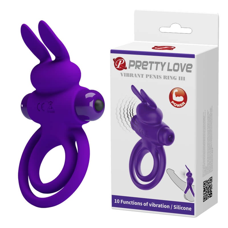 Anel Peniano e Escrotal com Estimulador de Clítoris em Forma de Coelho e 10 Modos de Vibração - Pretty Love Penis Ring III - 11,5 x 6,5 cm | Disponível em 2 Cores - 2
