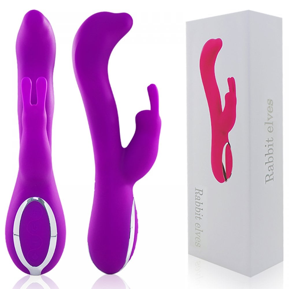 Rabbit Elves - Vibrador Recarregável com Estimulador Clitoriano, 10 Modos de Vibração e Sistema de Auto Aquecimento - 20 x 3 cm | Cor: Roxo - 1