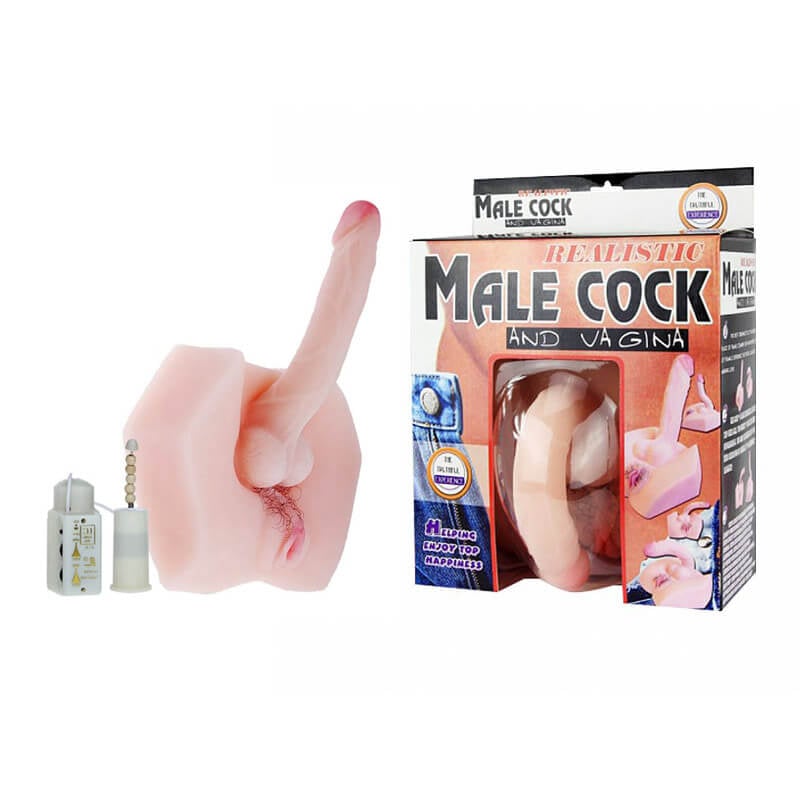 Realistic Male Cock and Vagina - Masturbador Intersexo em Cyberskin com Vagina Penetrável, Pênis Realístico, Simulador de Gemidos e Vibração Multivelocidade - 20 x 17,5 cm - 1