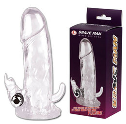 Brave Man - Capa Peniana em Silicone com Estimulador de Clítoris em Forma de Coelho e Cápsula Vibratória - 13,5 x 3,5 cm