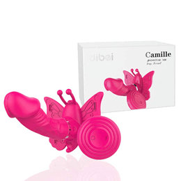 Dibe Camille - Estimulador Clitoriano Recarregável em Forma de Borboleta com Mini Pênis Penetrável, Rotativo, 20 Modos de Vibração e Controle Wireless | Cor: Rosa