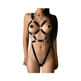 Arreio Feminino Estilo Body em Couro Sintético com Detalhes em Rebites e Argolas - InNamorata Sex Night | Tamanho Único