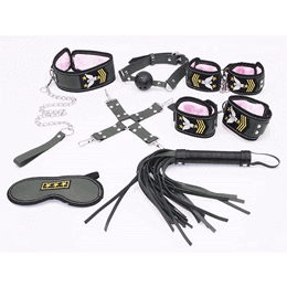 Foto 1 do produto Kit Bondage - Kit Aeronáutica Sexy com Algema, Tornozeleira, Coleira, Venda, Guia, Chicote e Mordaça - Contém 7 Itens