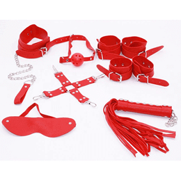 Foto 1 do produto Kit Bondage - Kit com Algema, Tornozeleira, Coleira, Venda, Guia, Chicote e Mordaça - Contém 7 Itens | Cor: Vermelho