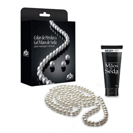 Kit com Colar de Pérolas e Gel Mãos de Seda para Massagem Sensual
