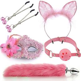 Kit Fetiche II com Plug Rabo de Raposa, Tiara de Gatinha, Grampos para os Seios em Metal com Guizo, Máscara Decorada e Mordaça Bola - Sexy Import
