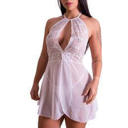 Camisola em Renda com Tule Abertura Frontal e Calcinha Fio Dental - Lingerie Fascino | Disponível em 3 Cores e 4 Tamanhos