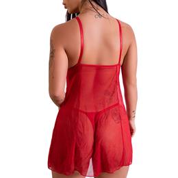 Camisola em Tule com Detalhes em Renda e Calcinha Fio Dental - Lingerie Fascino | Disponível em 3 Cores e 4 Tamanhos