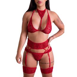 Lingerie Fascino - Conjunto em Renda com Coleira, Cinta Liga e Par de Persex | Disponível em 3 cores e 4 Tamanhos