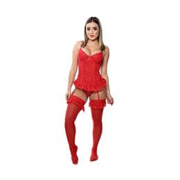 Lingerie Flor da Rosa - Espartilho em Renda com Aplicação em Guipir, Calcinha Fio Dental e Ligas | Disponível em 4 Cores e 5 Tamanhos
