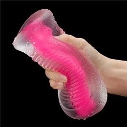 Masturbador em TPE Transparente com Efeito Fosforescente e Texturas - Lovetoy Lumino Play Pink Glow 6.0 | 14,7 x 3 cm