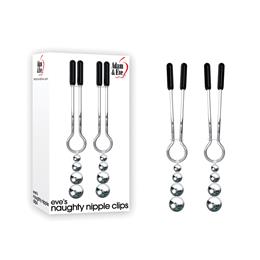 Grampos para Mamilos em Metal Prateado com Pontas de Borracha e Pesos de Esferas Gradativas - Adam & Eve Eve's Naughty Nipple Clips | 2 Unidades