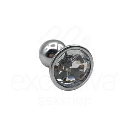 Foto 1 do produto Plug Anal "P" em Alumínio Polido no Formato Cônico com Joia na Base - 5,7 x 2,7 cm | Cor: Transparente