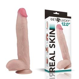 Prótese Gigante Realística com Escroto, Glande Definida, Veias Salientes, Ventosa, Vertebra e Prepúcio Retrátil - Get Lucky Real Skin | 23 x 5,4 cm