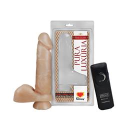 Prótese Peniana Realística com Escroto, Base em Ventosa, Vibração Multivelocidade e Controle Remoto com Fio - Pura Luxúria | 13,5 x 2,8 cm