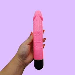 Prótese em PVC no Formato Realístico de Pênis Pink com Glande, Veias e Vibração Multivelocidade - Pink Vibe | 18,5 x 3,9 cm