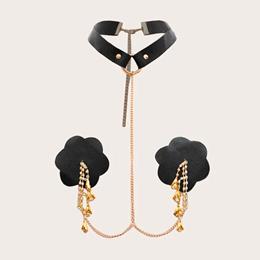 Tapa Sexo de Luxo com coleira em PU, Corrente e Strass - Pleasure Dreams Nipples Pasties