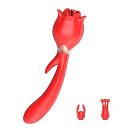Vibrador de Ponto G e Estimulador Clitoriano em Formato de Rosa com Ponteira Estimuladora e 2 Capas, 10 Modos de Vibração e 3 Rotações - Lena | 13 x 3,4 cm | Disponível em 2 Cores