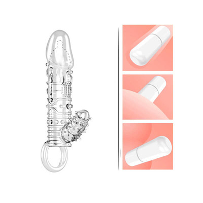 Foto 4 do produto Capa Peniana em Silicone com Preenchimento Interno, Texturas Estimuladoras, Anel para Escroto e Estimulador de Clitóris com Vibração Única - Adão & Eva - 12,5 x 3,5 cm