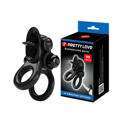 Anel Peniano Duplo com Estimulador de Clitóris, Língua Vibratória e 10 Modos de Vibração - Passionate Ring | 10,6 x 3,8 cm