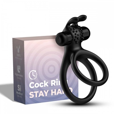 Anel Peniano Duplo em Silicone com Estimulador de Clitóris, Nódulos e Cápsula Vibratória - Stay Hard