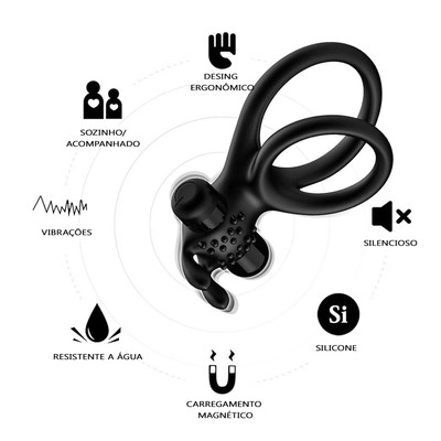 Foto 6 do produto Anel Peniano Duplo em Silicone com Estimulador de Clitóris, Nódulos e Cápsula Vibratória - Stay Hard