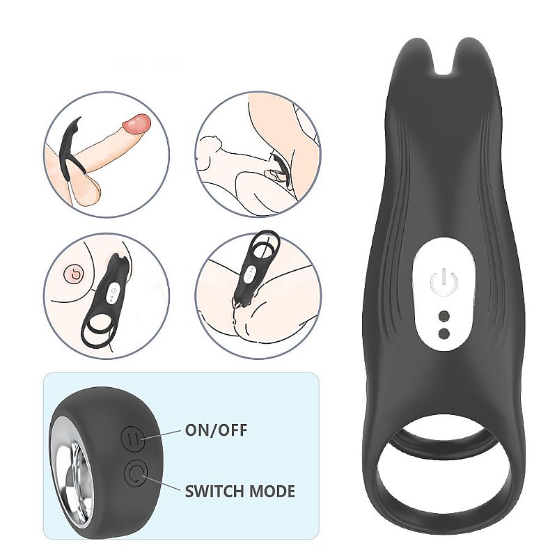 Anel Peniano e Escrotal em Silicone com Estimulador, 12 Modos Vibrações e Controle Remoto Sem Fio - Hoody | 12,8 x 3,7 cm - 6