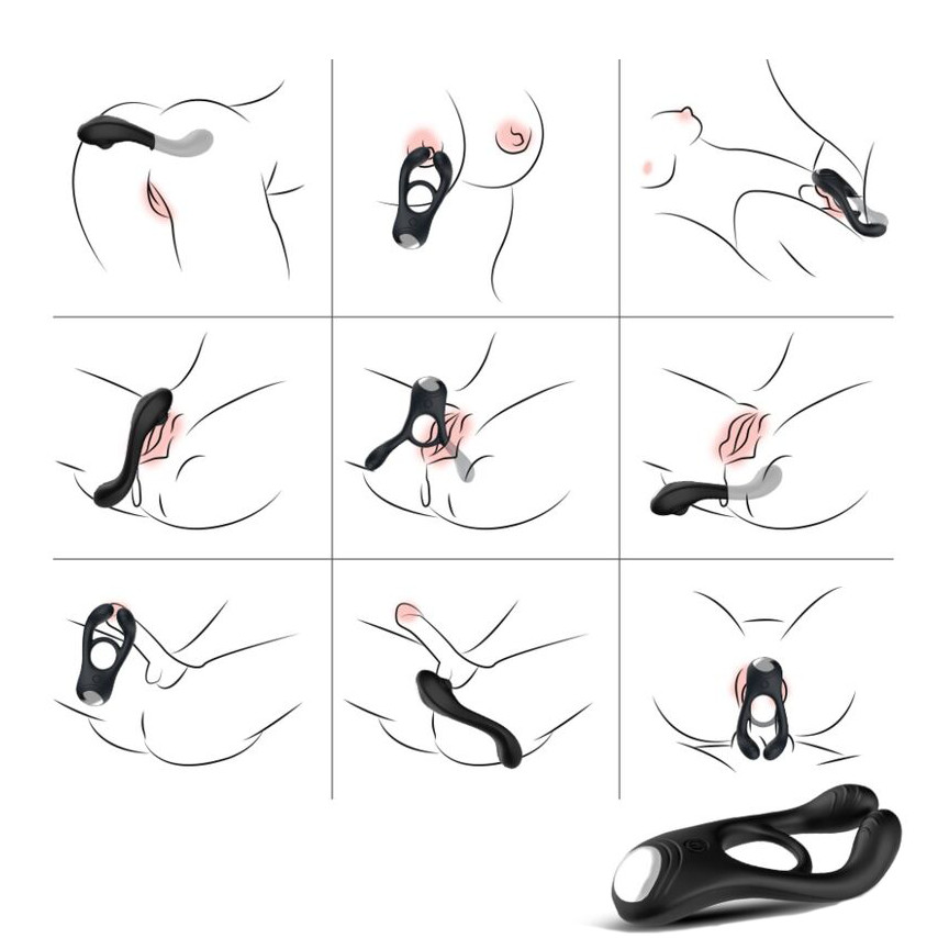 Anel Peniano com Estimulador de Clitóris, Próstata e Escroto em Silicone Flexível, 9 Modos de Vibração e Recarregável - Cock Ring | 3,1 cm - 6