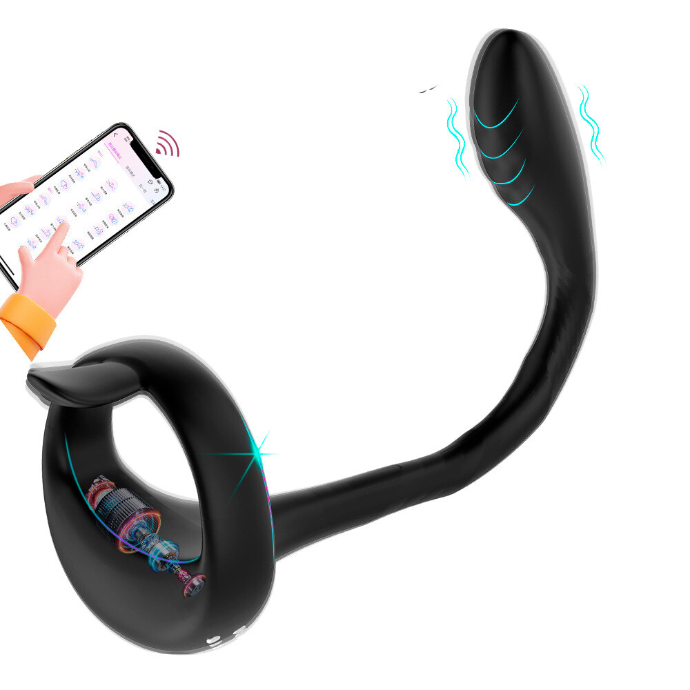 Anel Peniano com Estimulador de Próstata Recarregável, 9 Modos de Vibração e Interação por Aplicativo - 4,7 x 3,6 cm - 2