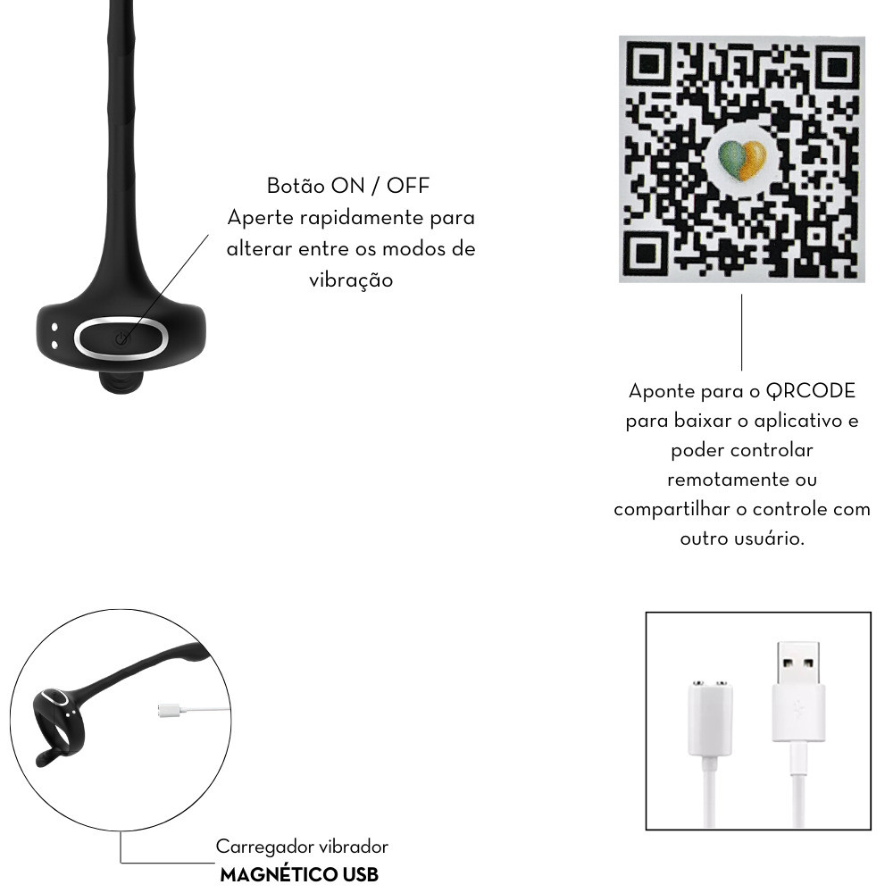 Anel Peniano com Estimulador de Próstata Recarregável, 9 Modos de Vibração e Interação por Aplicativo - 4,7 x 3,6 cm - 4