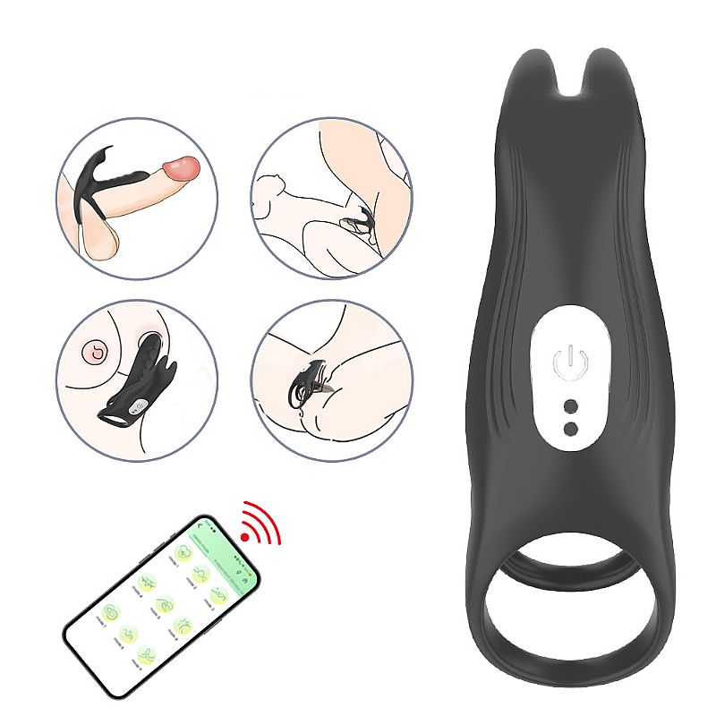 Anel Peniano com Extensor, Alça para Escroto, Estimulador Clitoriano em Silicone, 12 Modos Vibrações e App Interativo - SI Alex - 7