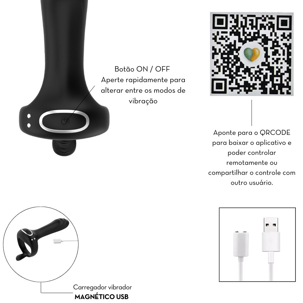 Anel Peniano com Massageador de Próstata Recarregável, 9 Modos de Vibração e Interação por Aplicativo - 4,8 x 3,5 cm - 4
