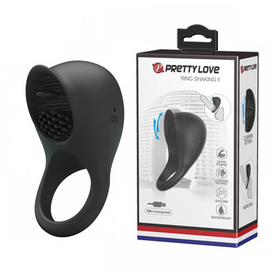 Anel Peniano em Silicone com 12 Modos de Vibração, Estimulador Clitoriano, Cerdas e Língua - Pretty Love Ring Shaking II | 8 x 4,3 cm