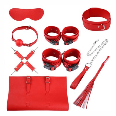 Kit Bondage com 9 Itens em Couro e Metal Leve - Bondage Kits | Cor: Vermelho