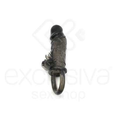 Foto 4 do produto Capa Peniana em Silicone com Cápsulas Vibratórias, Estimulador de Clítoris e Controle Remoto com Fio - Boss Cock Beater | 8,5 x 3,7 cm