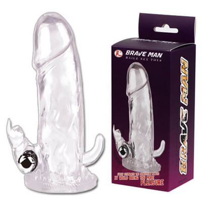 Brave Man - Capa Peniana em Silicone com Estimulador de Clítoris em Forma de Coelho e Cápsula Vibratória - 13,5 x 3,5 cm
