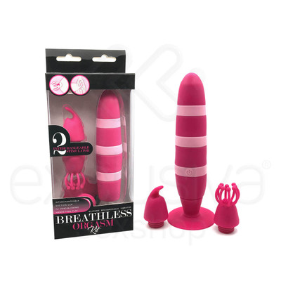 Foto 1 do produto Kit com Vibrador Clássico Recarregável em Silicone com 10 Modos de Vibração + 3 Acessórios para Base - Breathless Orgasm - 15,3 x 4,2 cm | Cor: Rosa